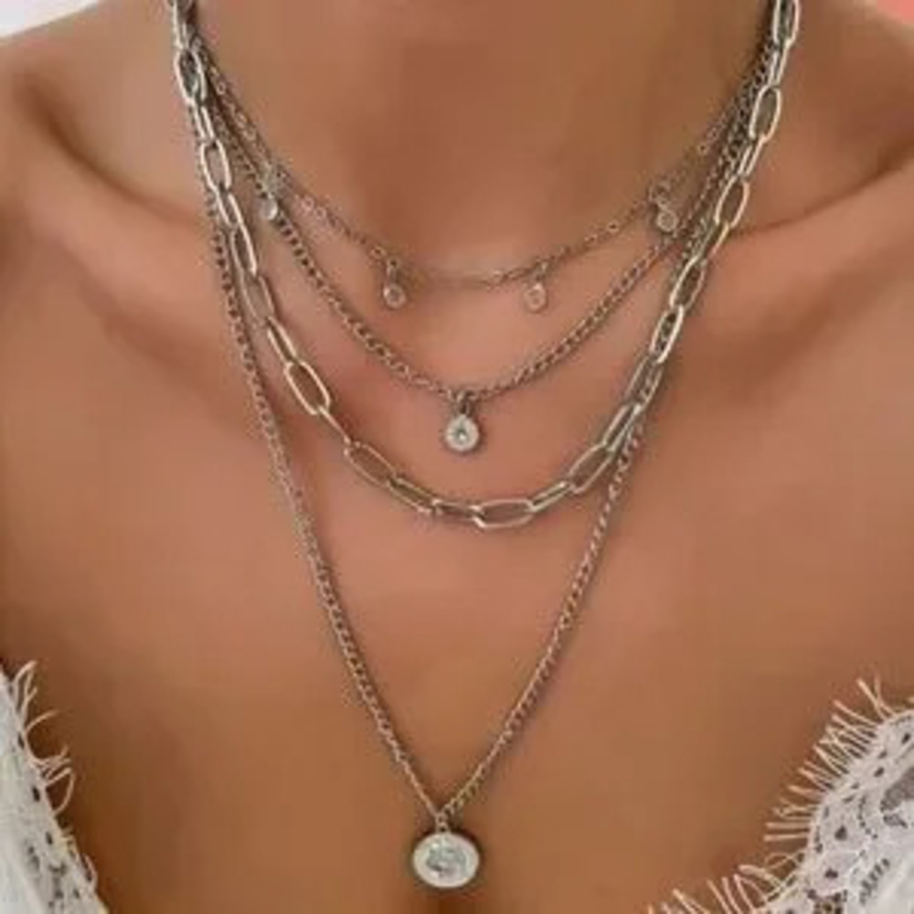 Multilayer Pendant Chain Necklace Set Boho Layered Silver Tone
